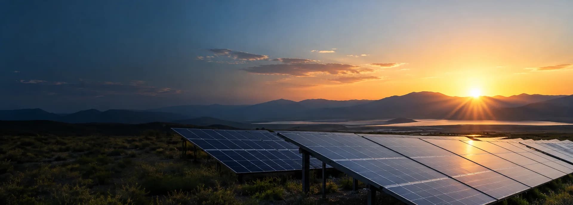 Solar panels illuminated by sunrise